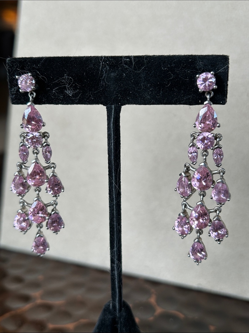 Pink Crystal  set in 925 Sterling Teardrop Chandelier Earrings